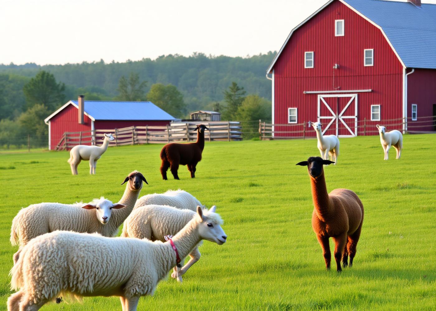 Sheep and alpacas grazing in the Shallow Pond Farm pasture
