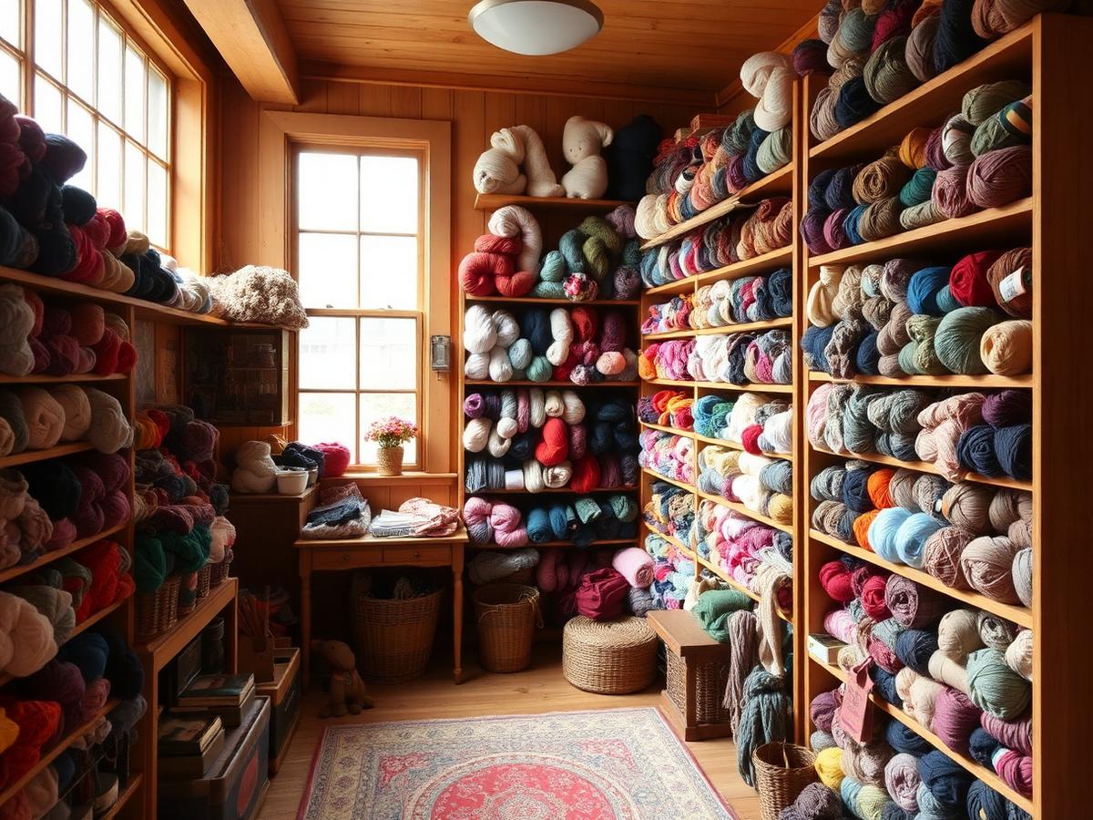 The Shallow Pond Farm yarn room, shelves filled with skeins